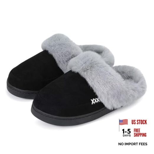 Women's and Men's Memory Foam House Slippers, Faux 7-8 Women/6-6.5 Men Black