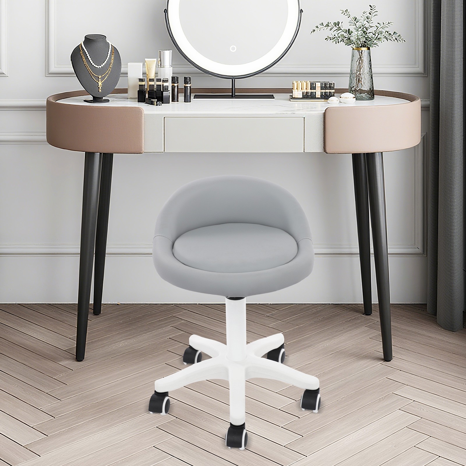 Adjustable Beauty Salon Chair Rolling Stool Rolling Stool with Low Backrest gray