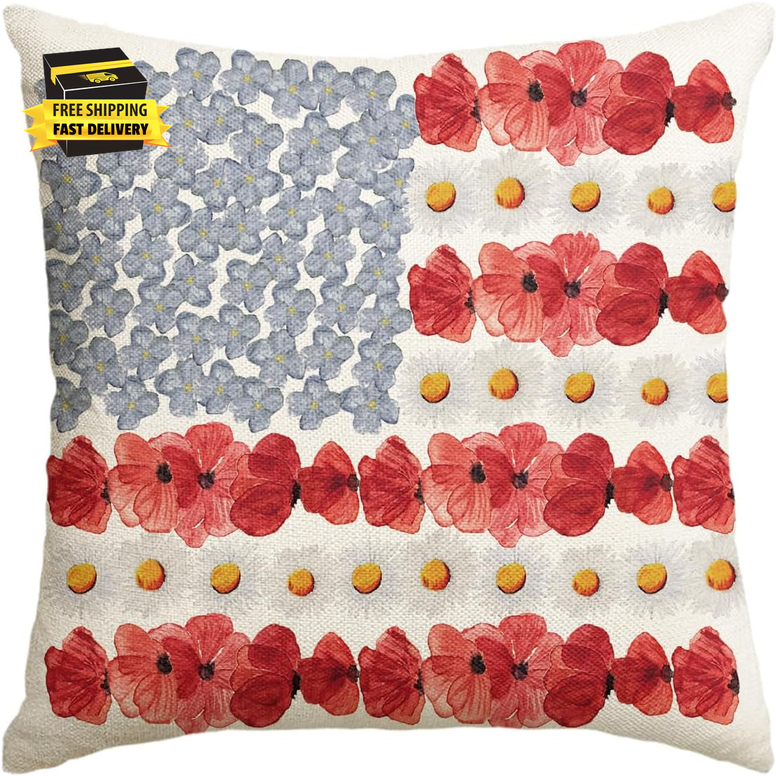 4Th of July Patriotic Independence Poppy Floral Throw Pillow Cover, 18 X 18 Inch