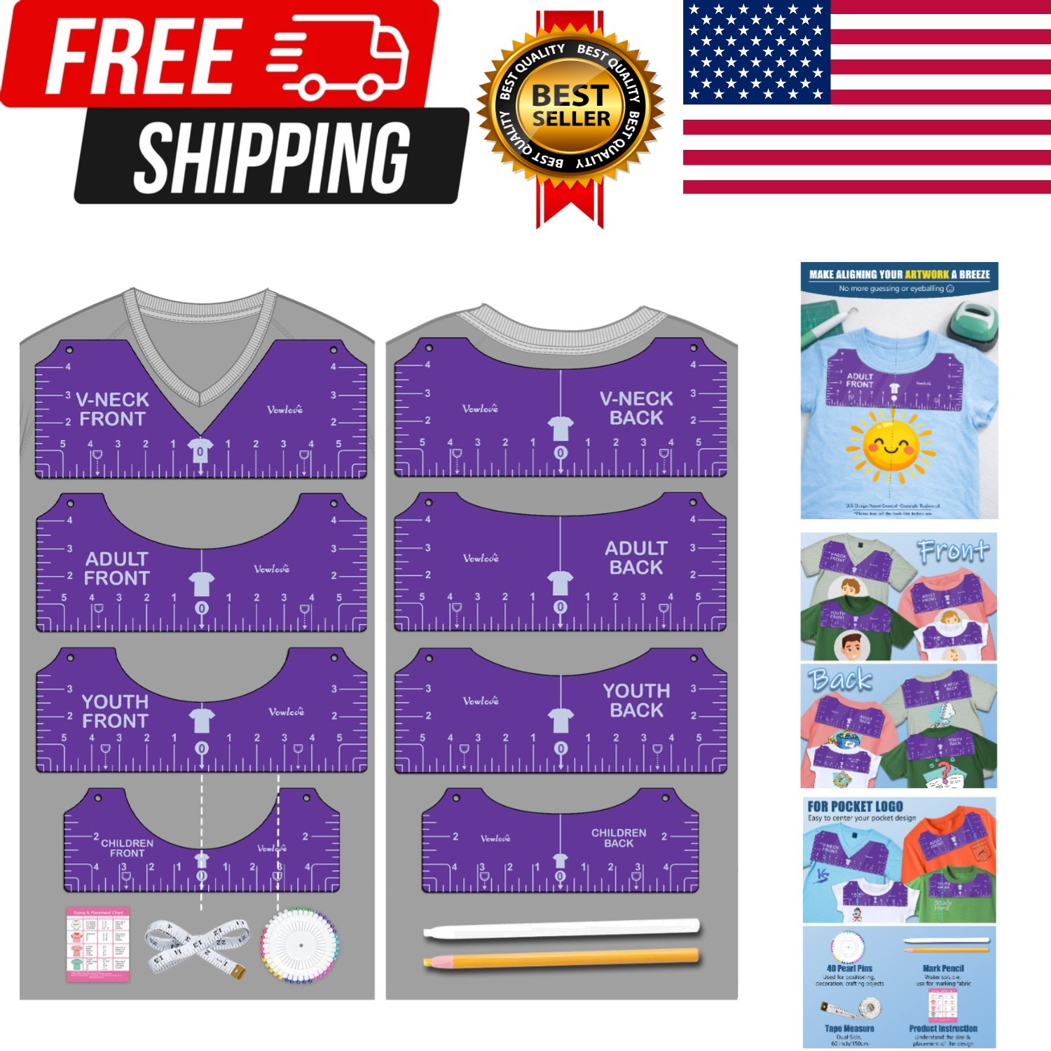 Vowlove Tshirt Ruler Guide Set for Cricut, Shirt Measure Ruler Centering Tool, A