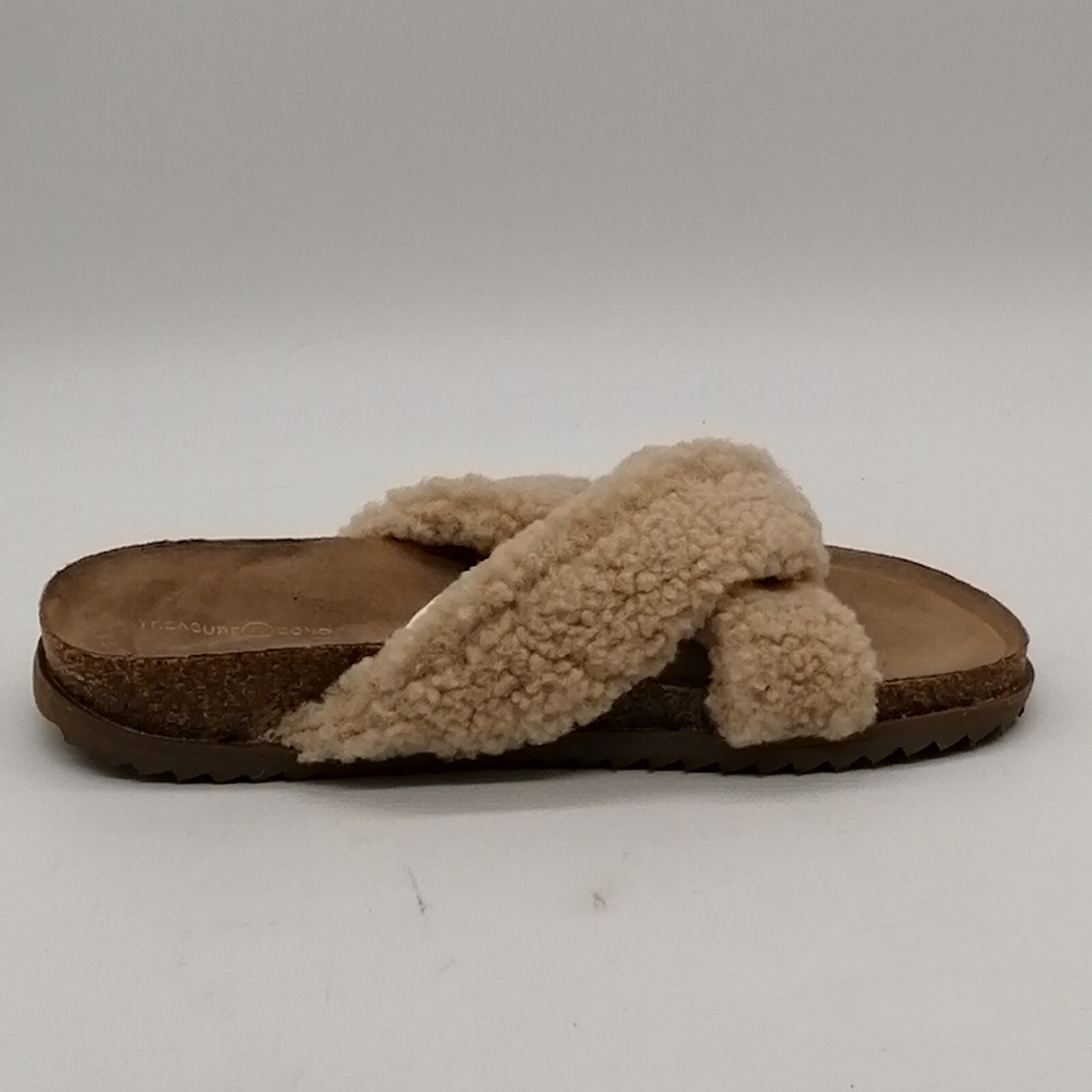 Treasure & Bond Womens Davina Fab Flat Heel Slide Slipper Tan Faux Fur Sz 7 M