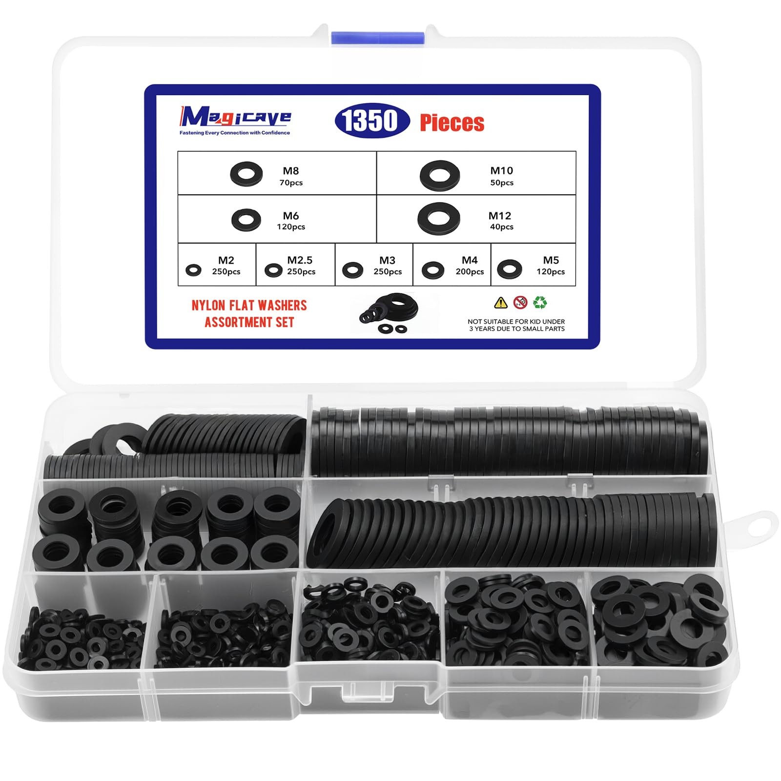 1350 Pcs Nylon M2, M2.5, M3, M4, M5, M6, M8, M10, M12, Washers-1350Pcs