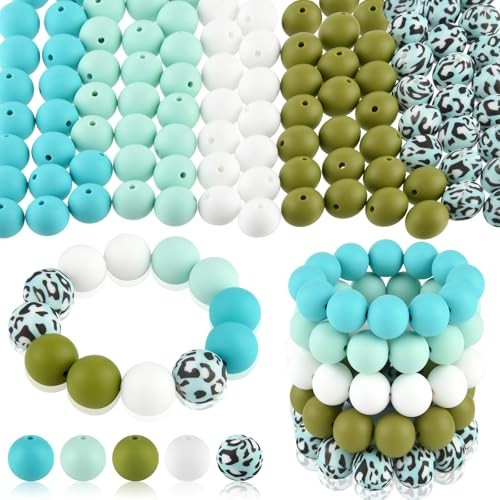 100 Pcs 15mm Silicone Beads for Keychain Making, Cyan Blue Cyan-blue White