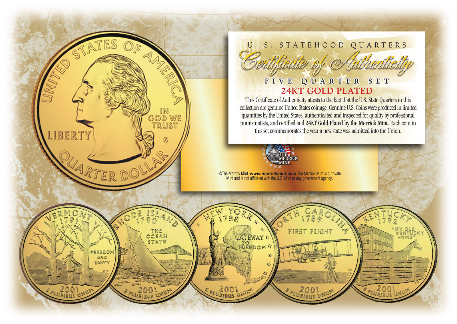 2001 US Statehood Quarters 24K GOLD PLATED ** 5-Coin Complete Set ** w/Capsules