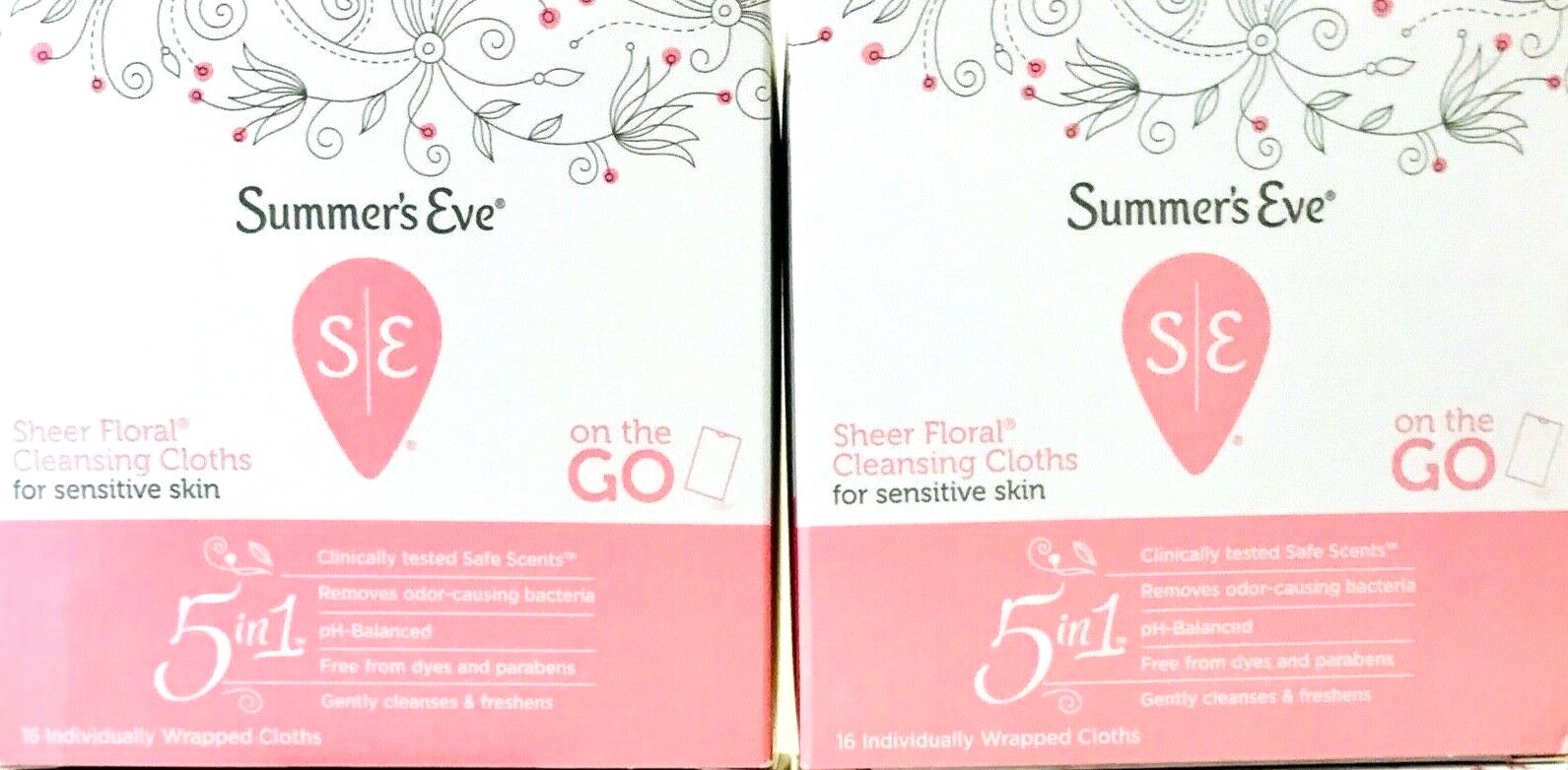 2 Boxes Summer's Eve 5in1 Sheer Floral 16 Individually Wrapped On The Go Cloths