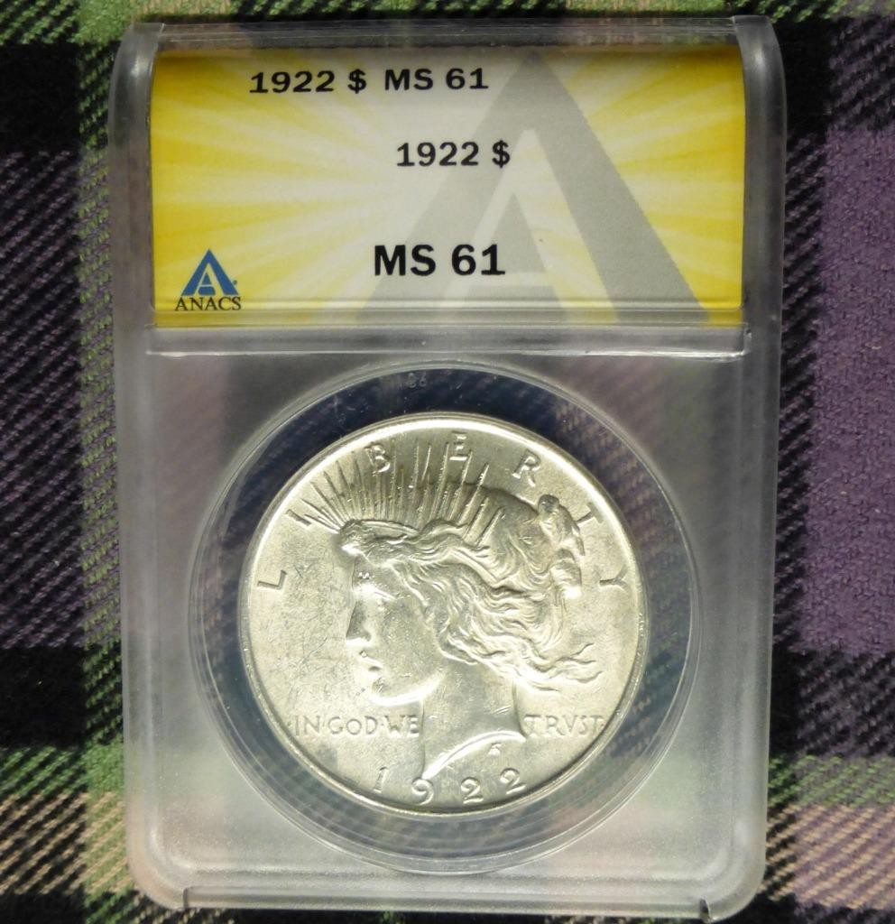 1922 ANACS MS 61 Peace Silver Dollar, United States of America Silver $1, USA