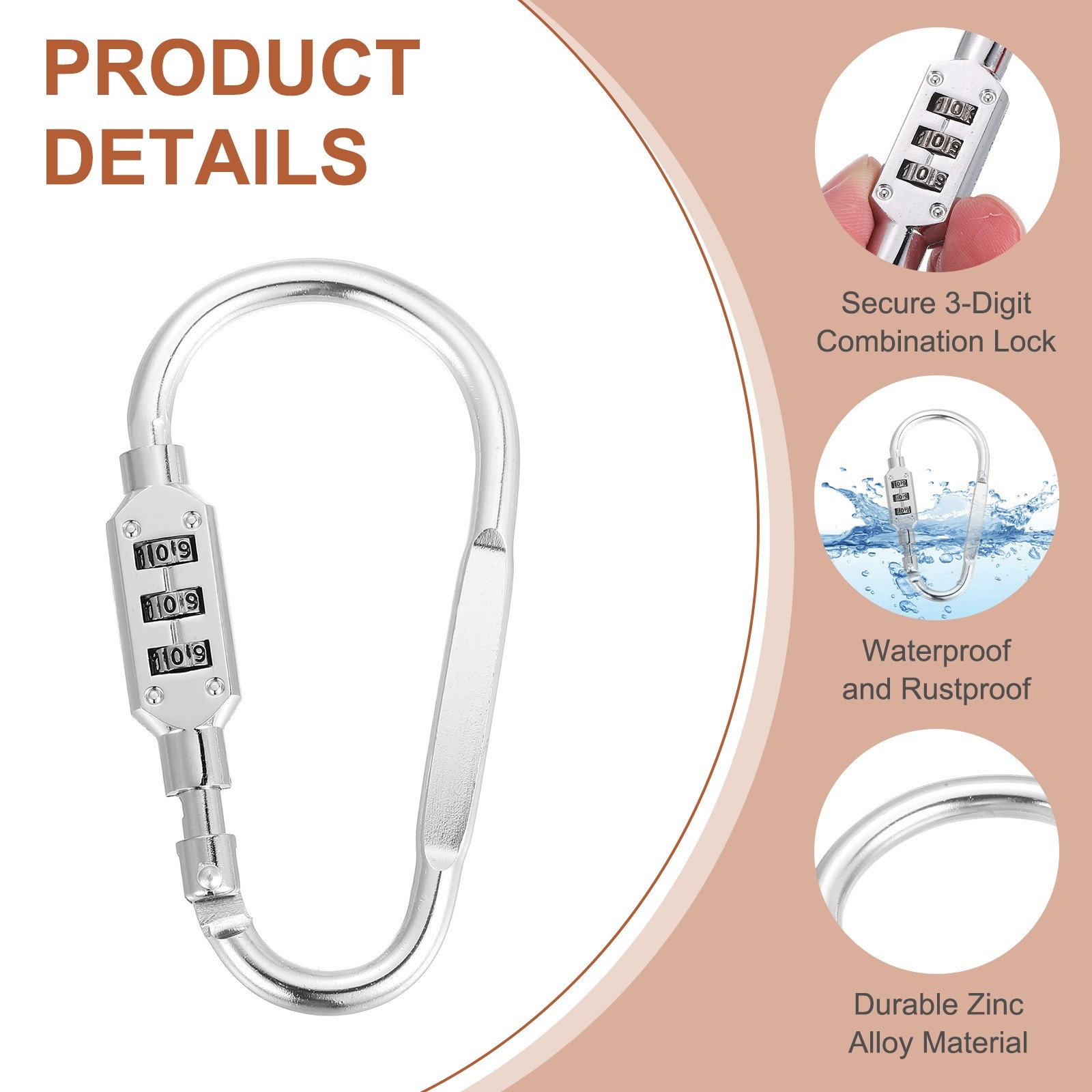 4.8" x 2.4" D-Shaped 3-Digit Code Combination Lock D-Ring Clip Locking, Silver