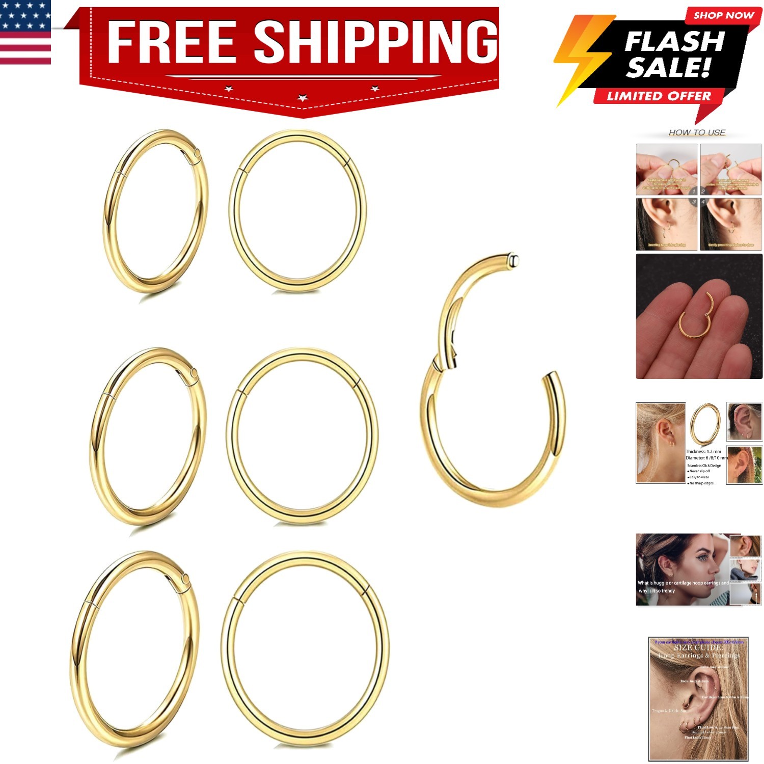 Unisex Dainty Tiny 18k Real Gold Plating Cartilage Huggie Hoop Earrings, 16G ...