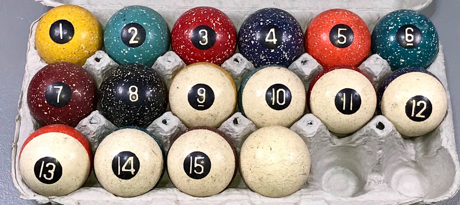 VTG/Antique Speckled Clay Early Billiard Balls Complete 15+Cue (1 7/8 dia.)