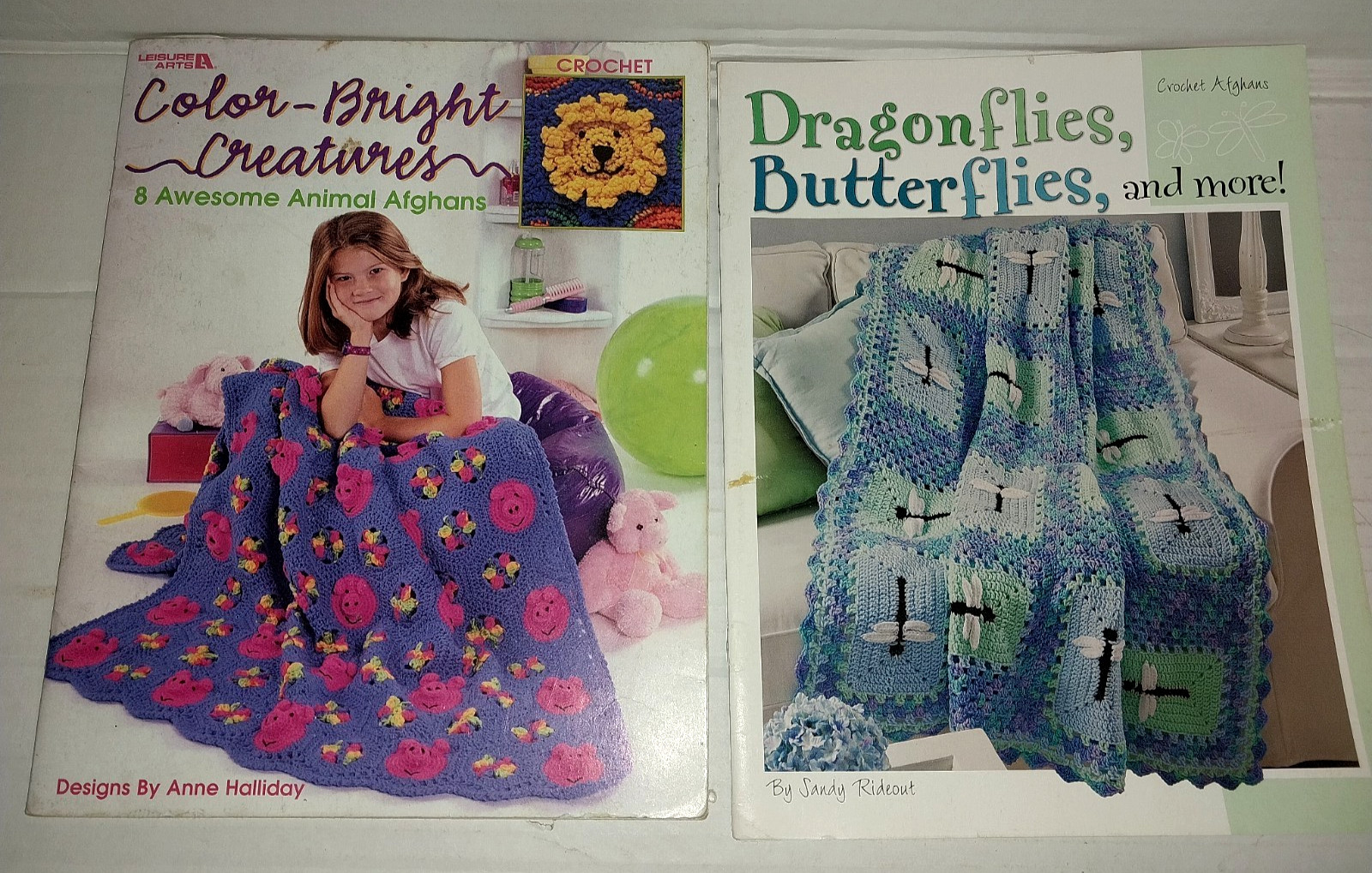 Lot 2 kids Crochet Animal Afghan pattern booklets Dragonfly Butterfly Creatures+