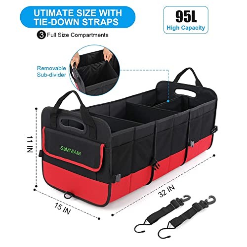 Simniam Large Trunk Organizer for Car, Foldable Multi Compartment Medium Red