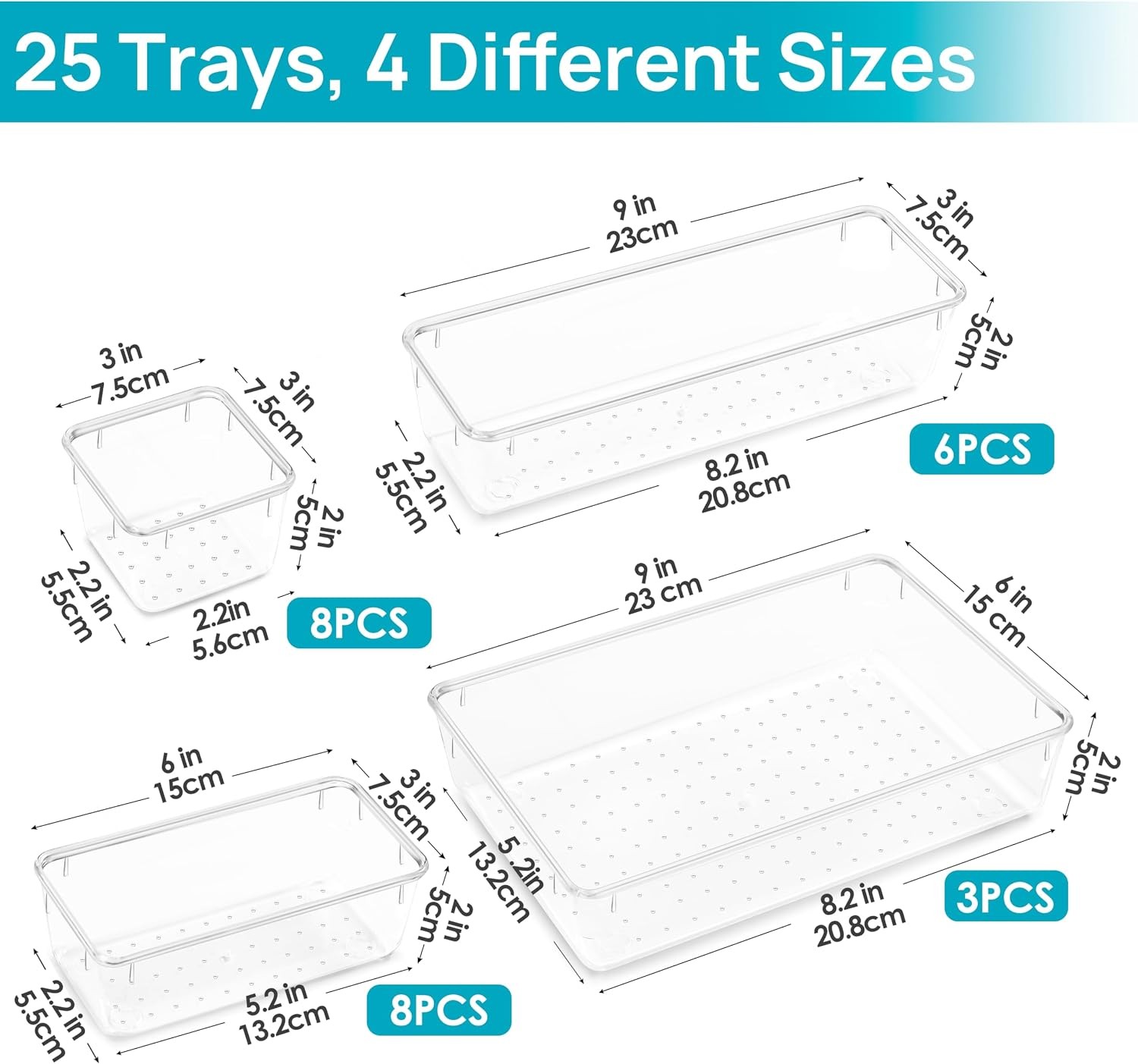25 PCS Clear Plastic Drawer Organizers Set 4-Size Versatile Bathroom