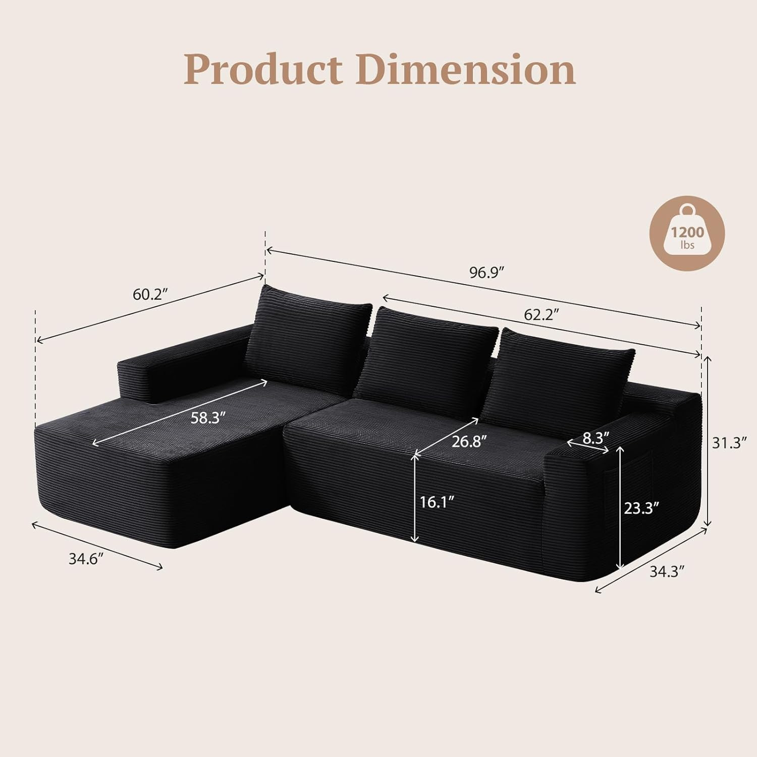 96.9 Inch Boneless L-Shaped Sectional Sofa, No Assembly Compressed Modular Couch