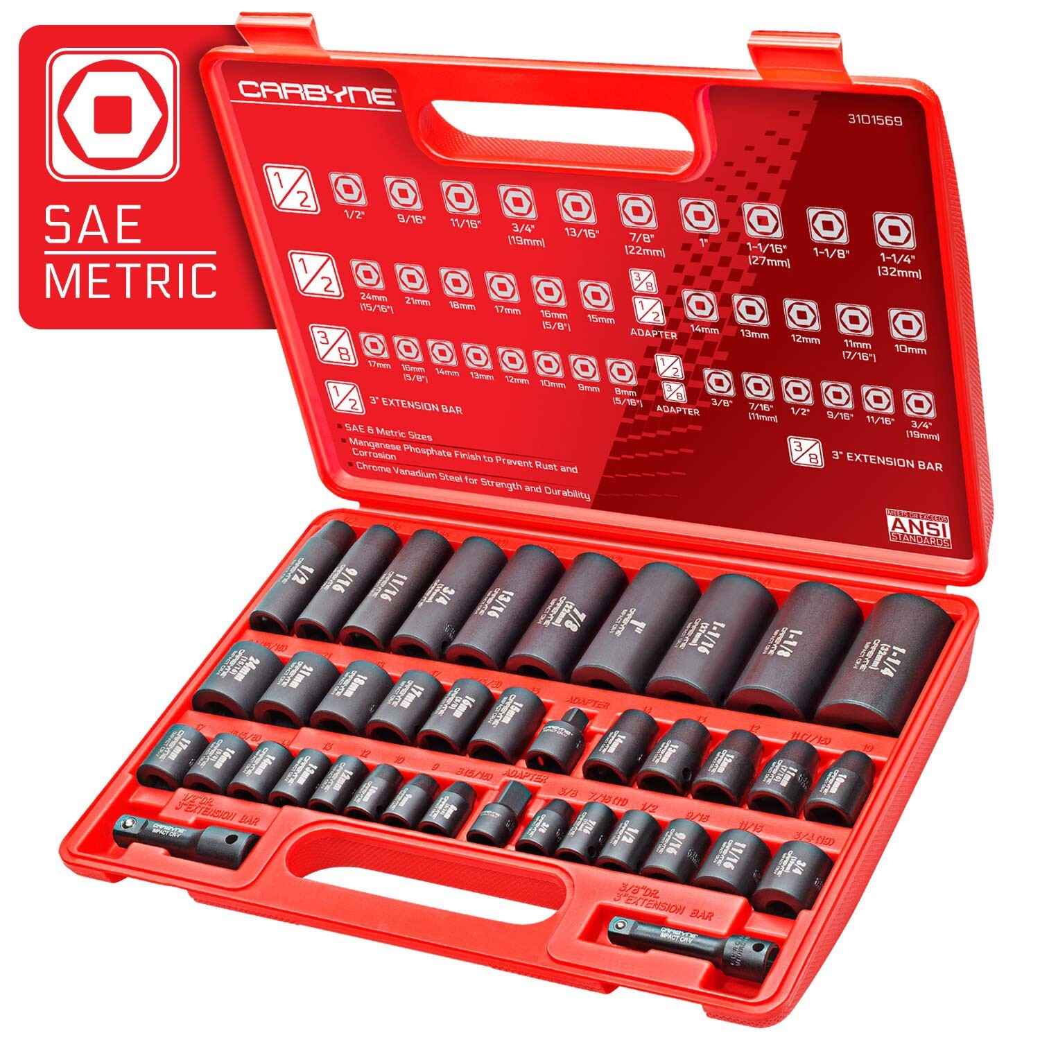 CARBYNE 40 Piece Impact Socket Set, SAE & Metric, Standard and Deep Sockets, ...