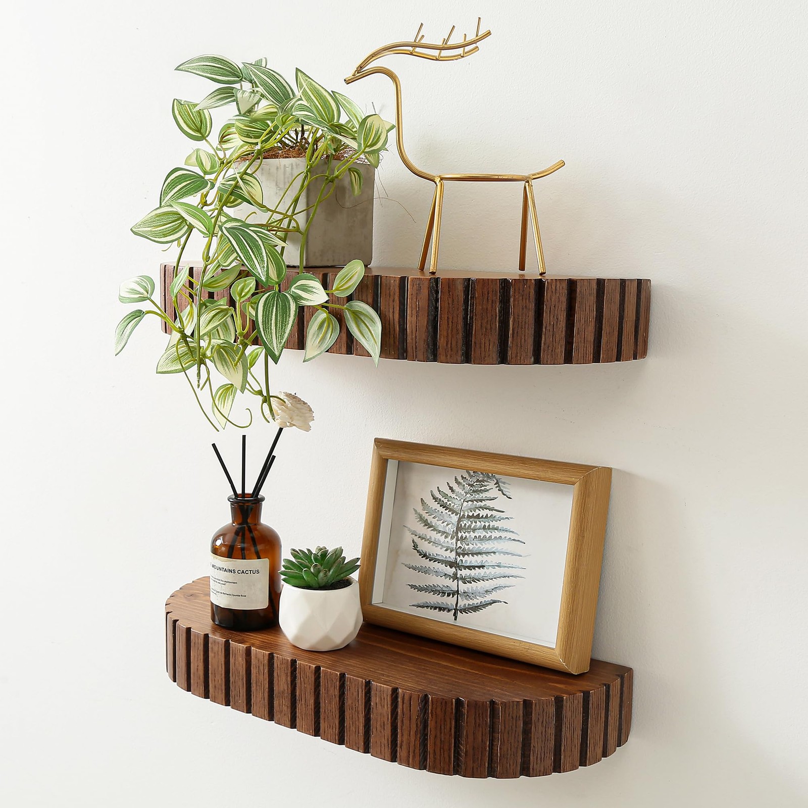 2 PCS Wood Rounded Fluted Floating Shelf 16x5.5 Inch Modern Display Rustic