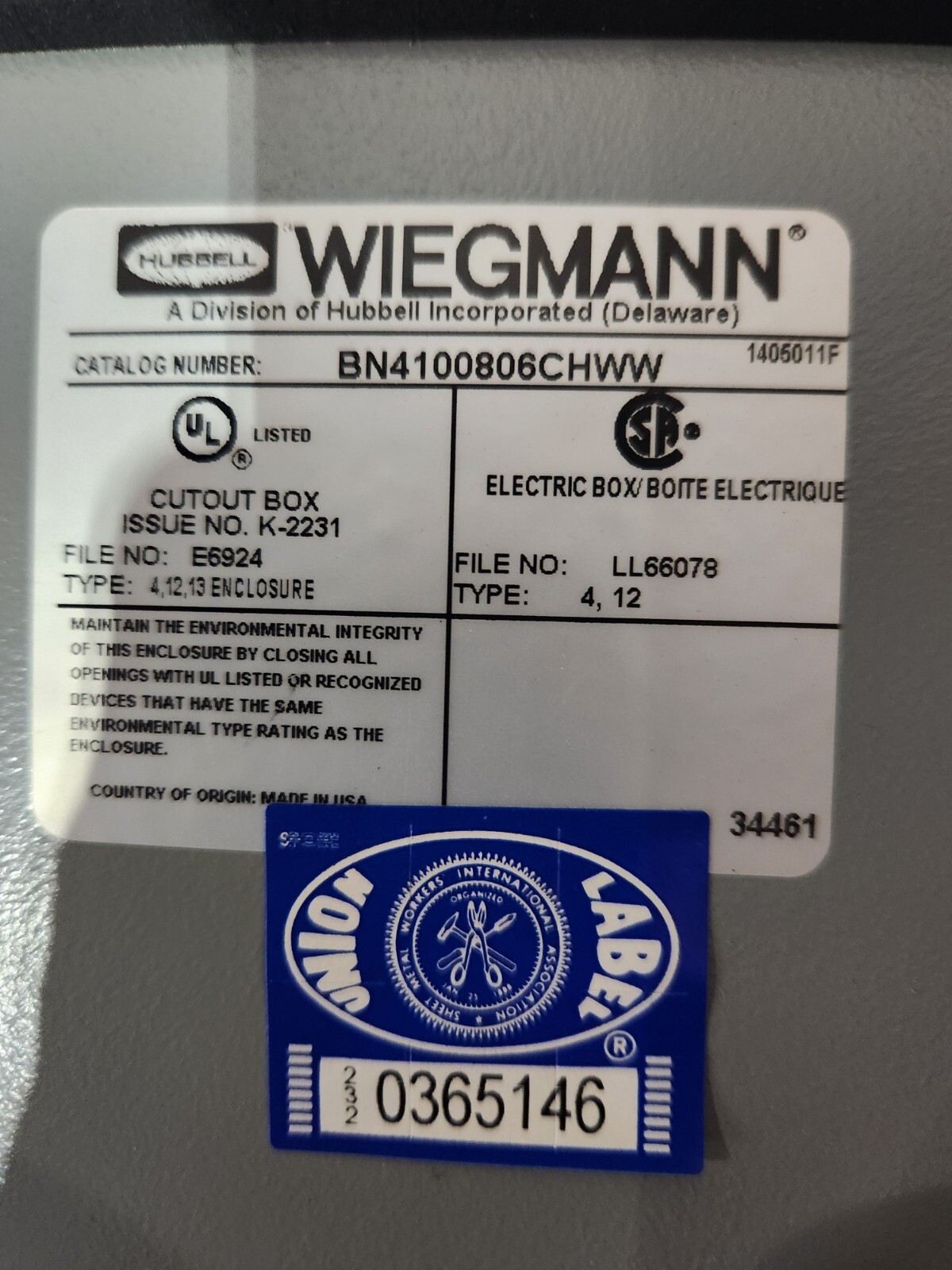 Hubbell Wiegmann BN4100806CHWW Electric Box