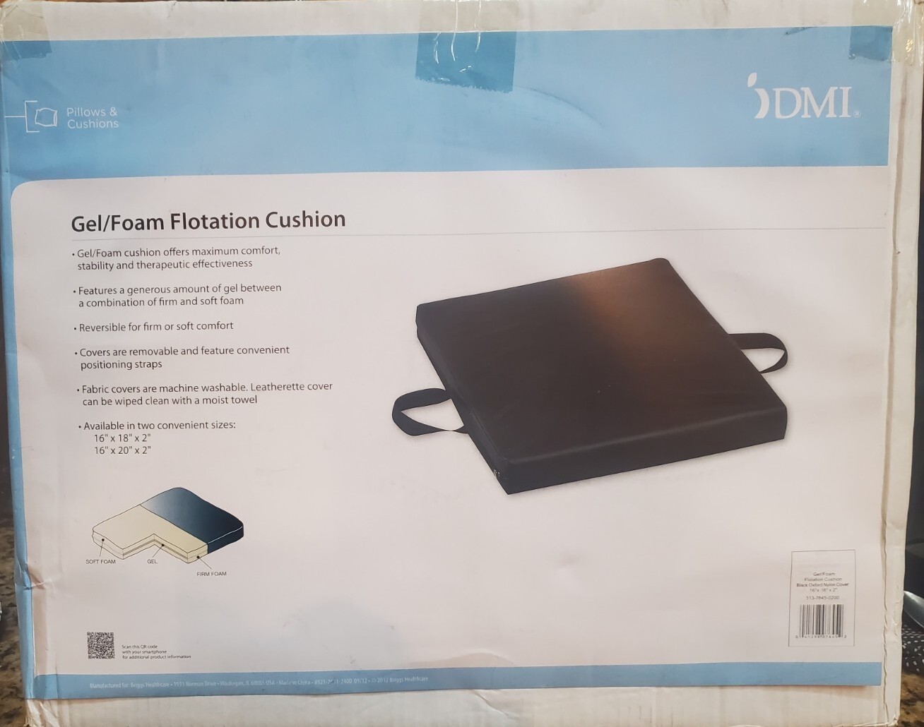 BRAND New DMI Gel/Foam Flotation Cushion Nylon Cover Black, 16" x 20" x 2" Box