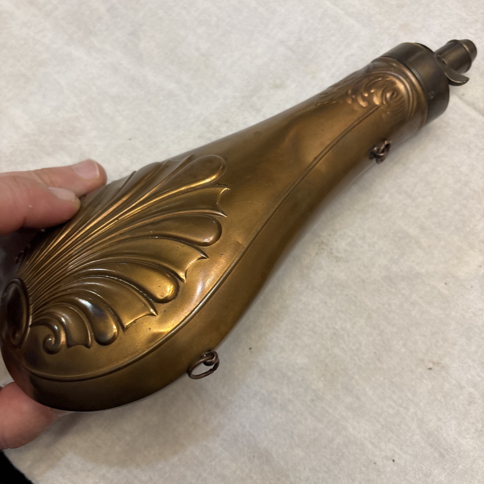 Antique Copper & Brass Black Powder Flask – Floral Shell Embossed