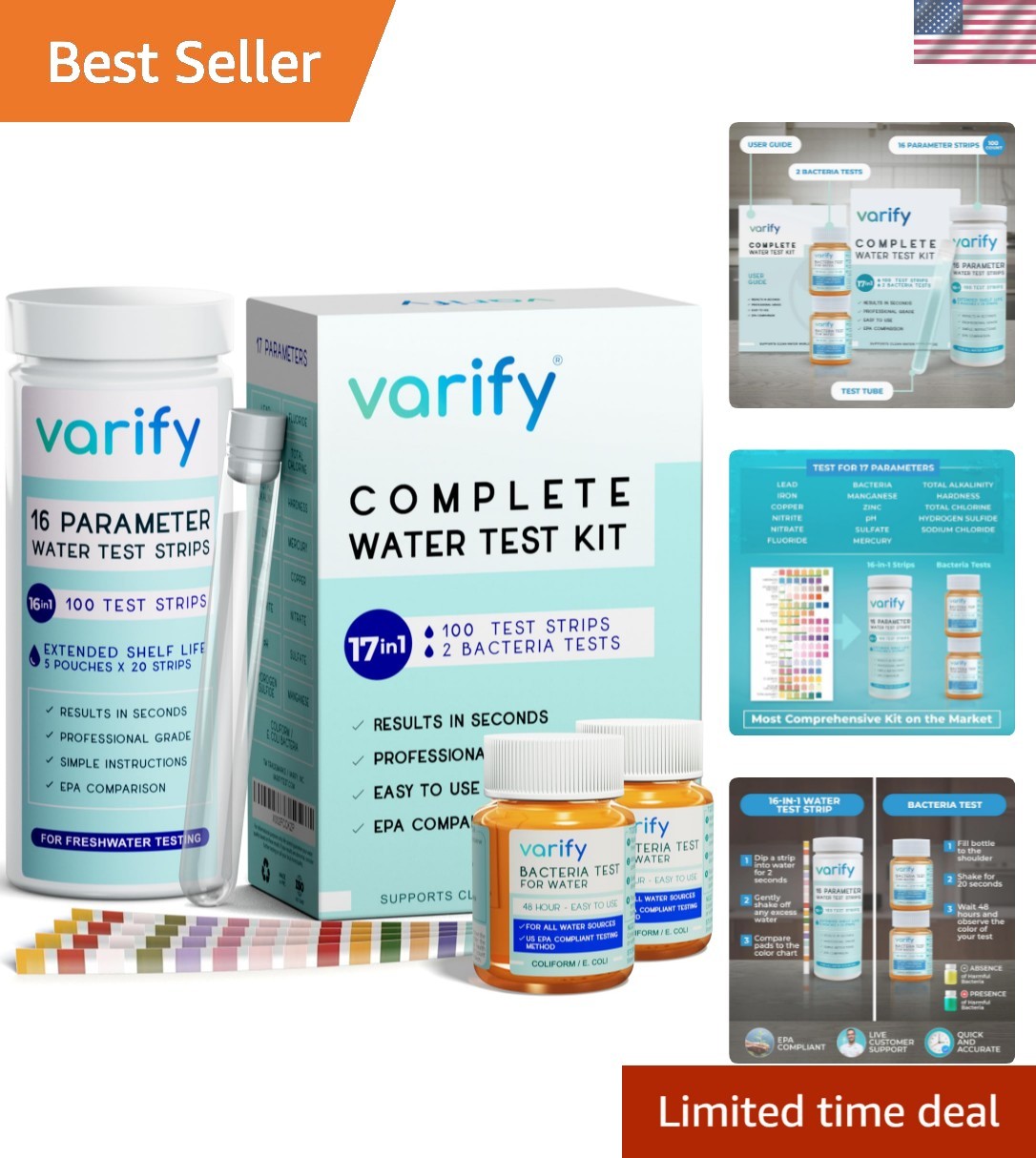 17in1 Complete Drinking Water  Kit - 100 Strips + 2 Bacteria Tester Kits - We...