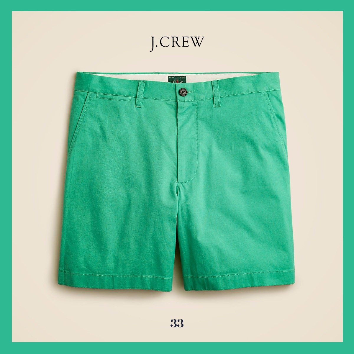NEW - J. Crew Men's 7" Portsider Stretch Chino Short, Villa Green Sz 33 - $79