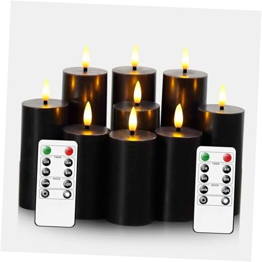 Flameless Candles Real Wax Realistic Pillar Candles, 9 Packs Battery Black