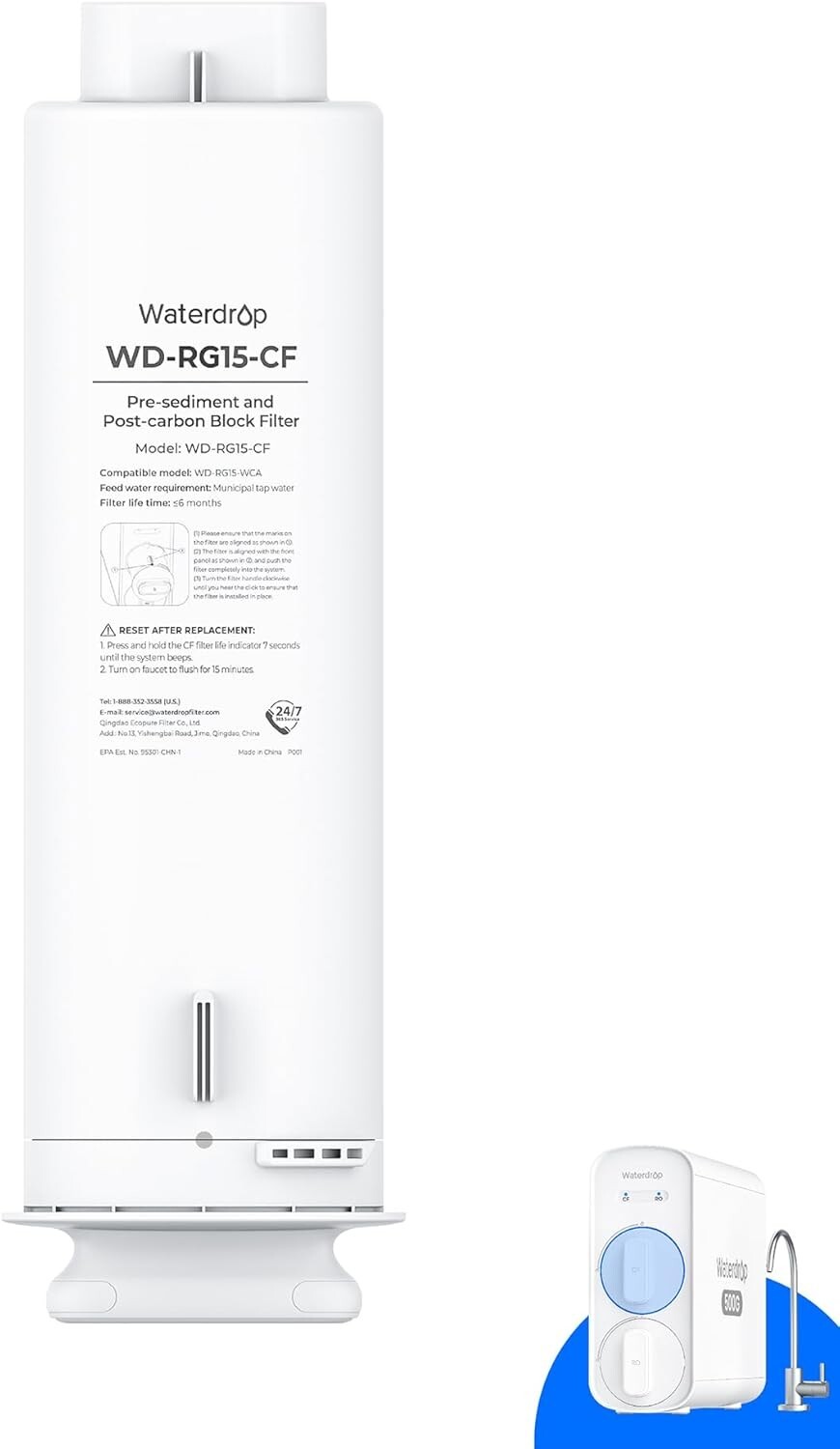 Waterdrop WD-G5P500-CF Filter, Replacement for WD-G5P500 , 6-month Lifetime