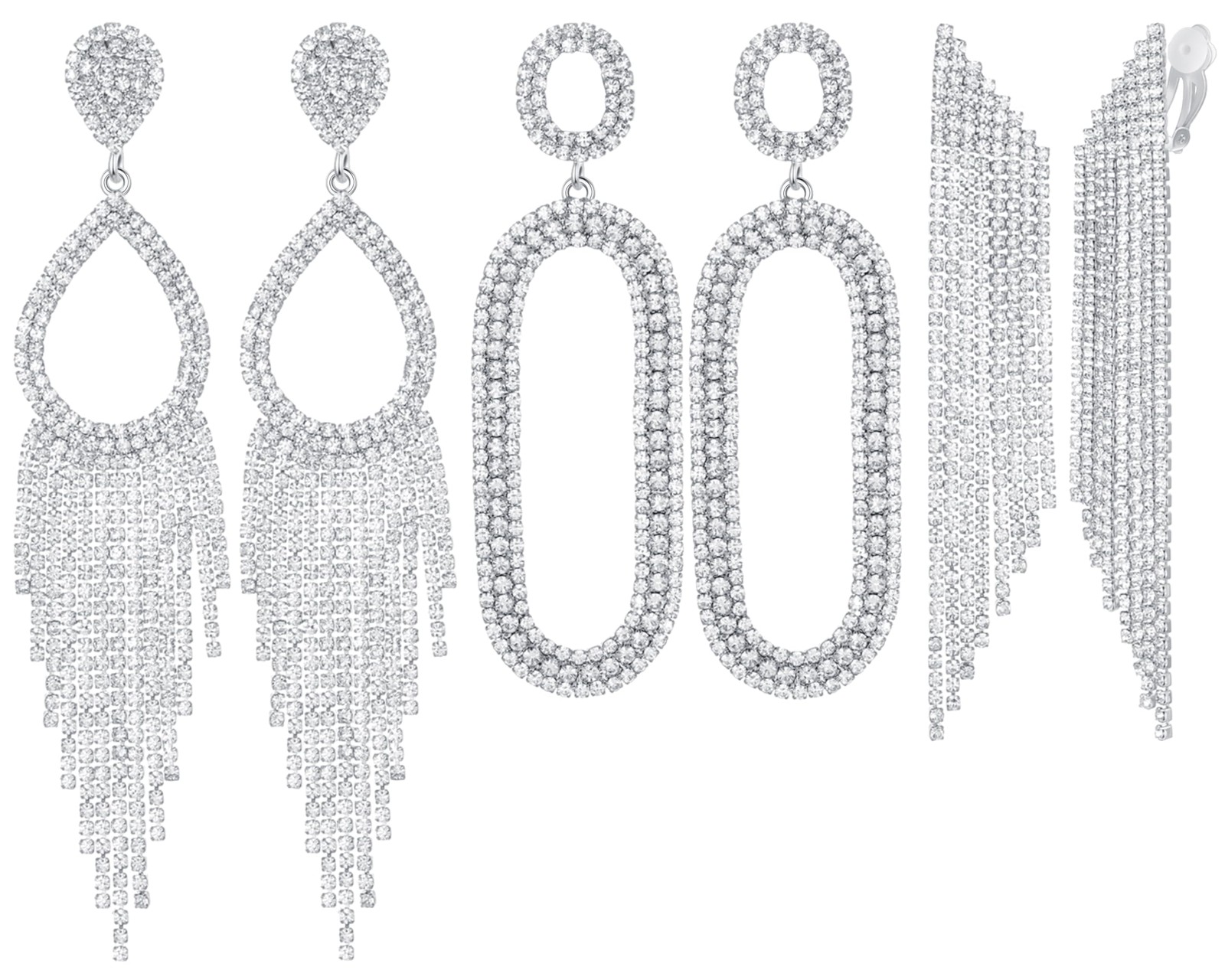 3 Pairs Clip On Earrings Set Rhinestone Chandelier Teardrop For Wedding Party