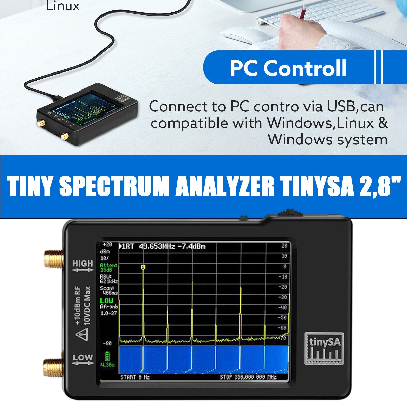 Handheld Tiny Spectrum Analyzer tinysa 2,8" LCD 100khz-960mhz Touch Control Kit
