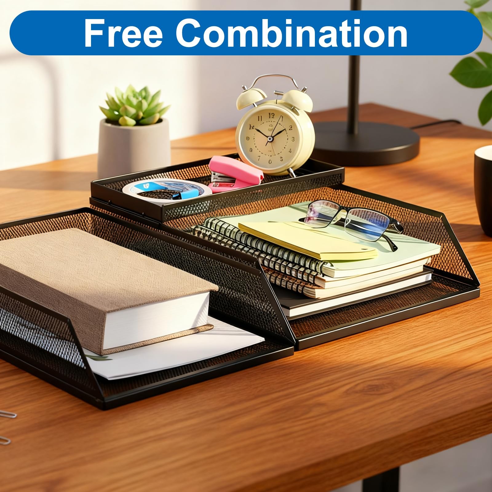 Black 2Tier Stackable Paper Tray Organizer Metal Mesh Desktop File Sorter