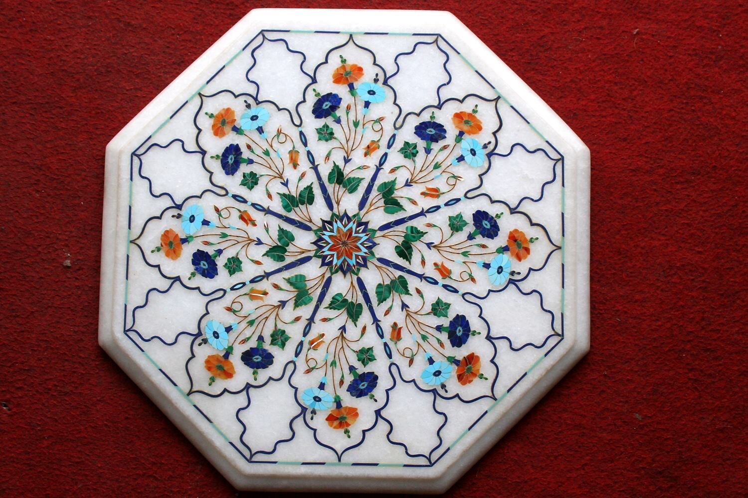 15" Marble side end Table Top  Precious stones Inlay handmade Work Home Decor