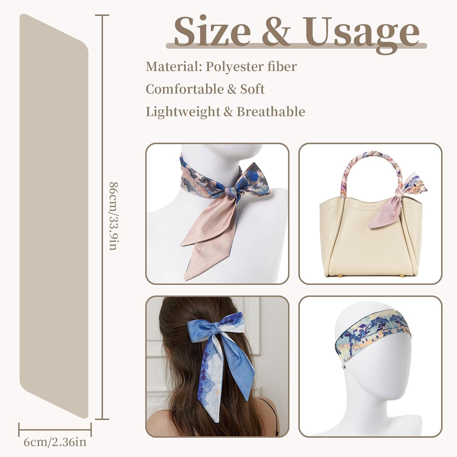 4 Pack Purse Scarf Handbags Skinny Twill Hair Scarves Narrow Neck Scarf Band Wom