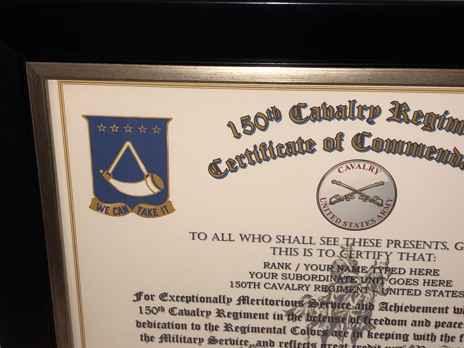 150TH U.S. CAVALRY REGIMENT / COMMEMORATIVE - CERTIFICATE OF COMMENDATION