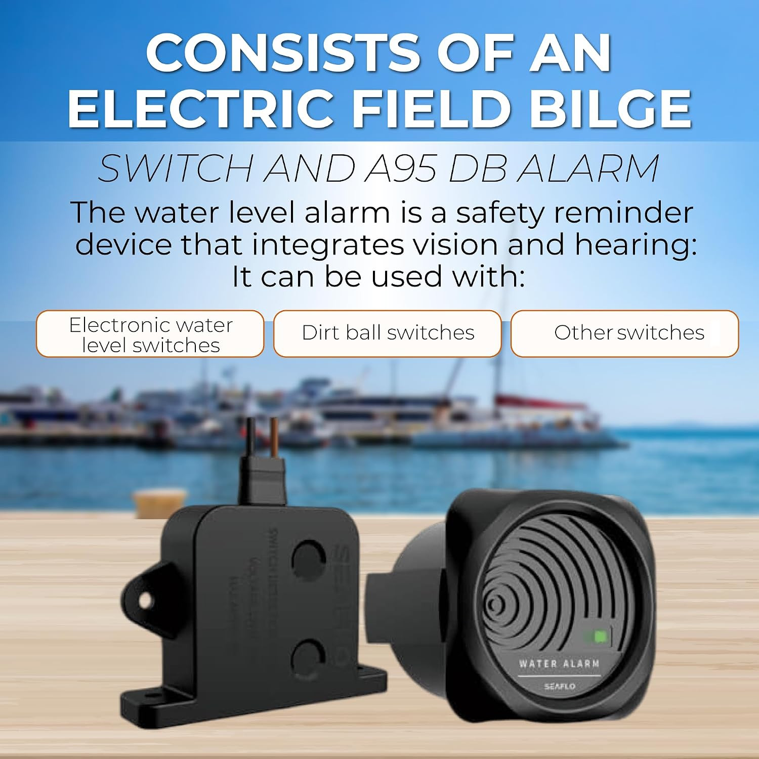 High Water Level Alarm System for Bilge - 12V, 95Db, Solid State Switch