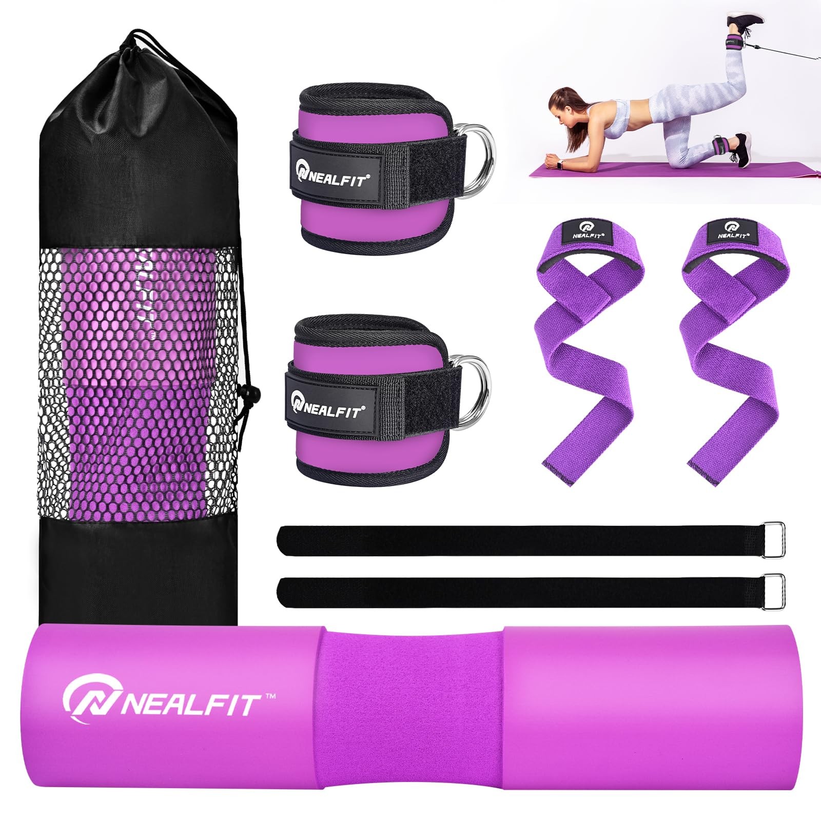 Barbell Pad Set with Lifting Straps & Ankle Straps - Squat Pad for Hip Thrust...