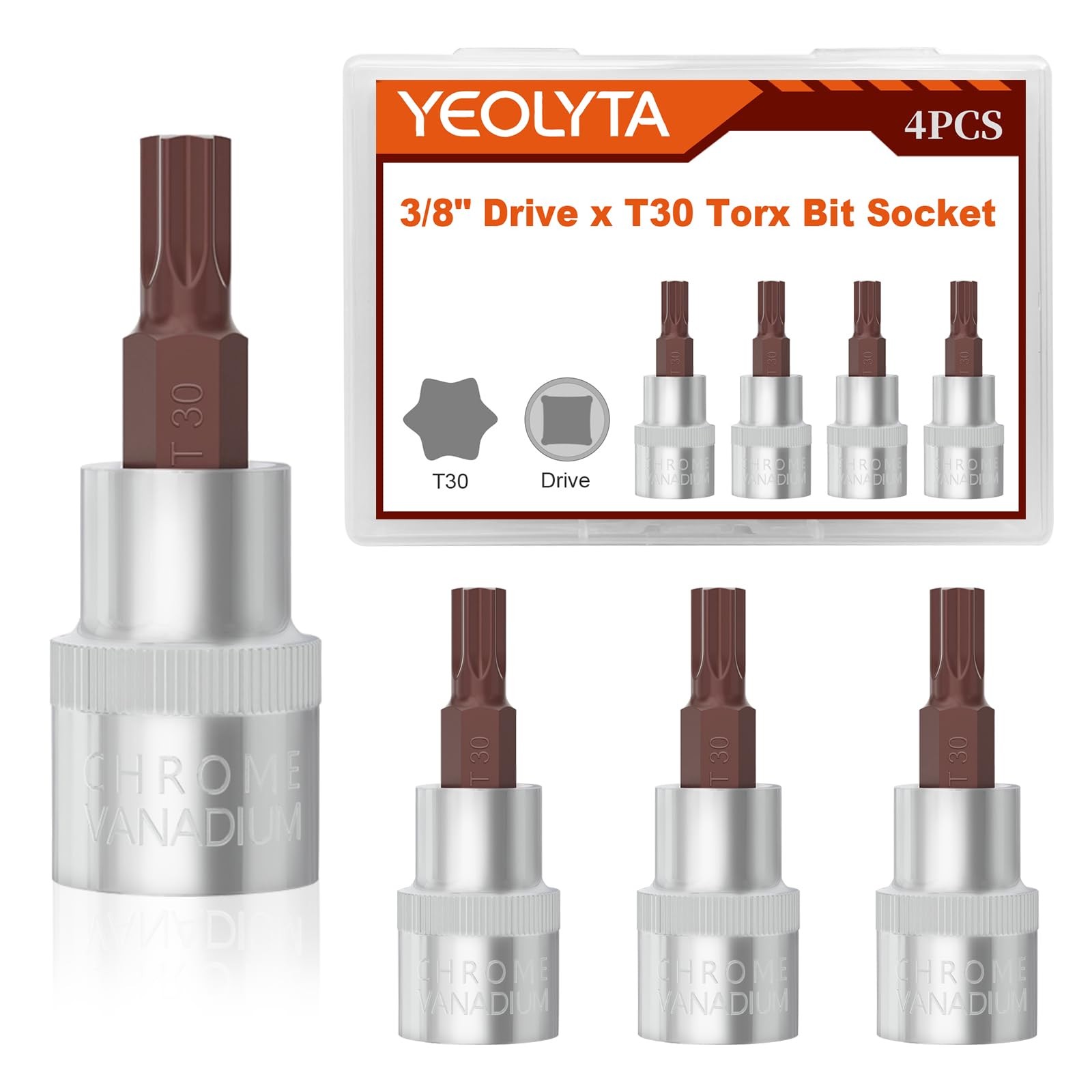 4PCS 3/8" Drive T30 Torx Bit Socket, S2 Steel Bits, CR‑V Steel Star Socket 1....