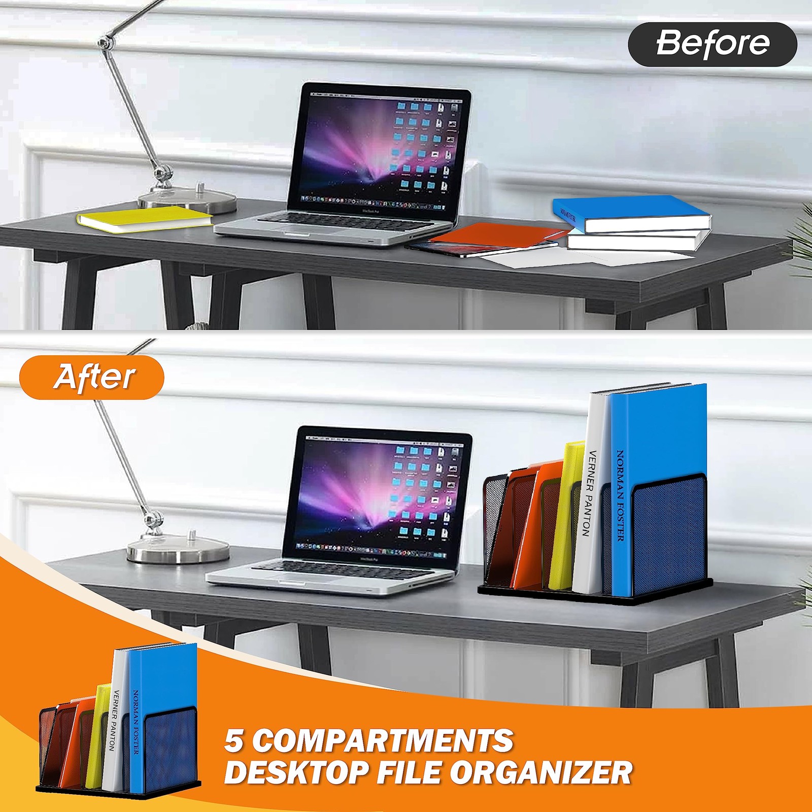 Desk File Organizer 5 Sections Upright Mesh Desktop Organizer File Sorter Off...
