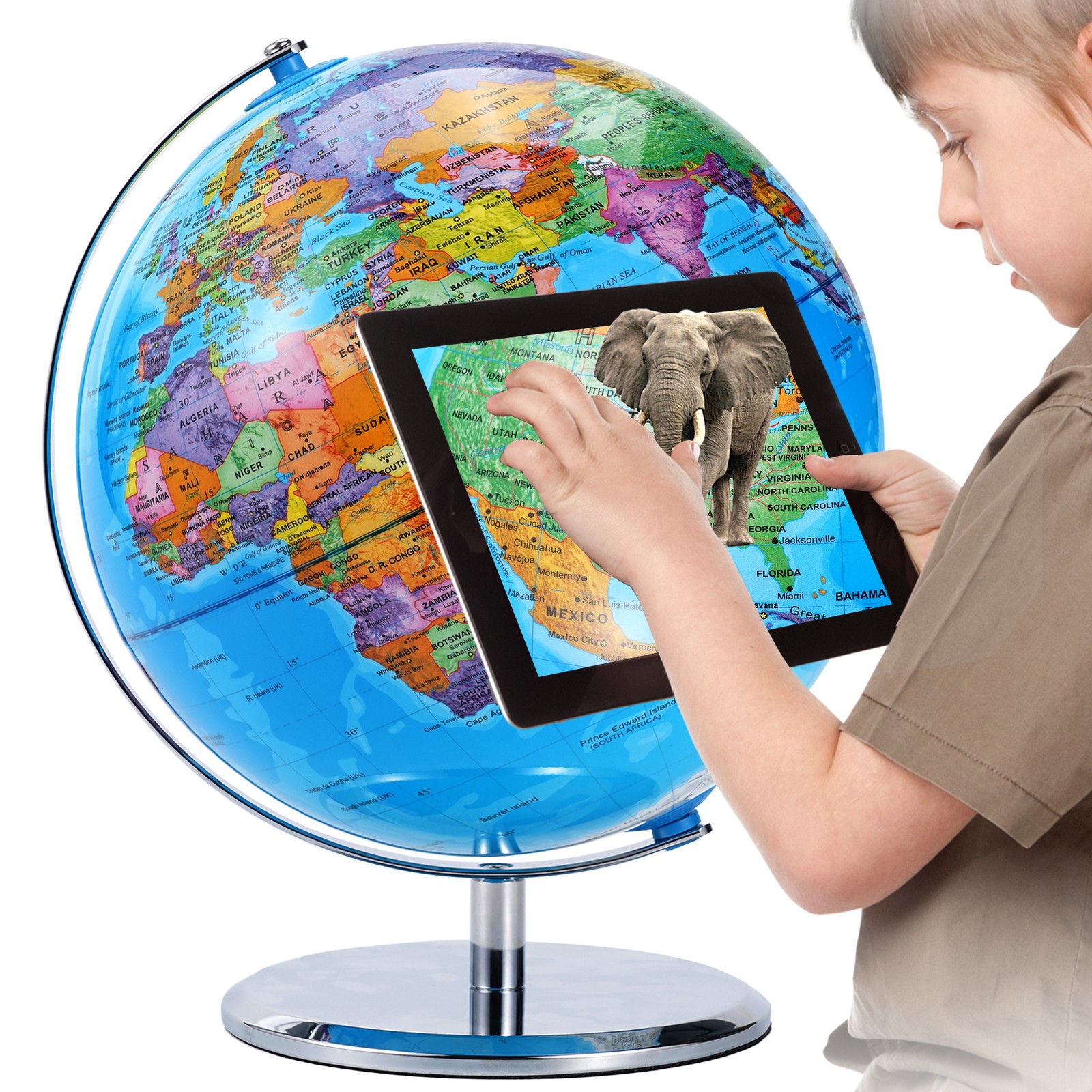 3D AR World Globe Large Earth Ocean Rotating World Geography w/ Stand Desktop