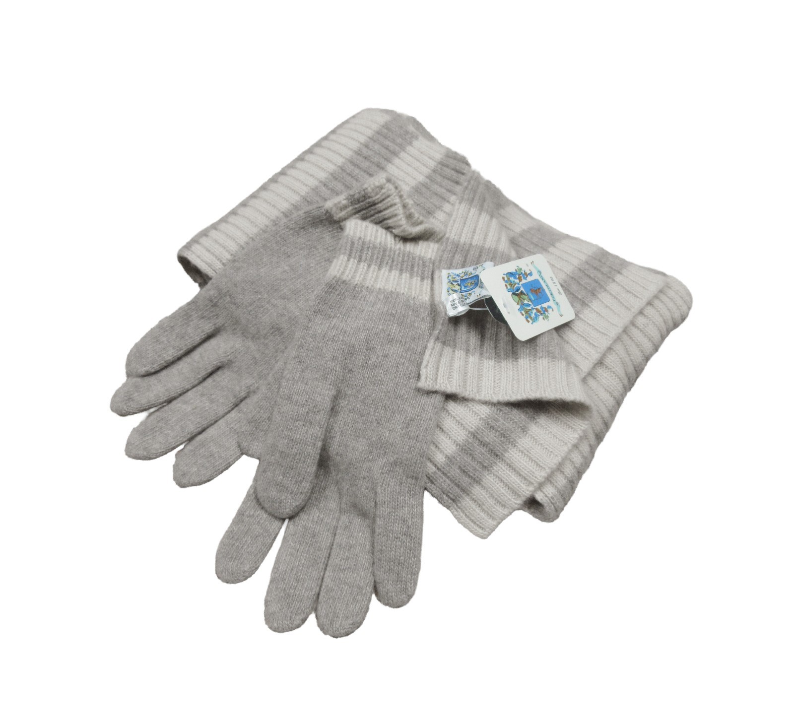 Portolano Gray Multi 100 % Cashmere Stripe Scarf and Solid Glove Set
