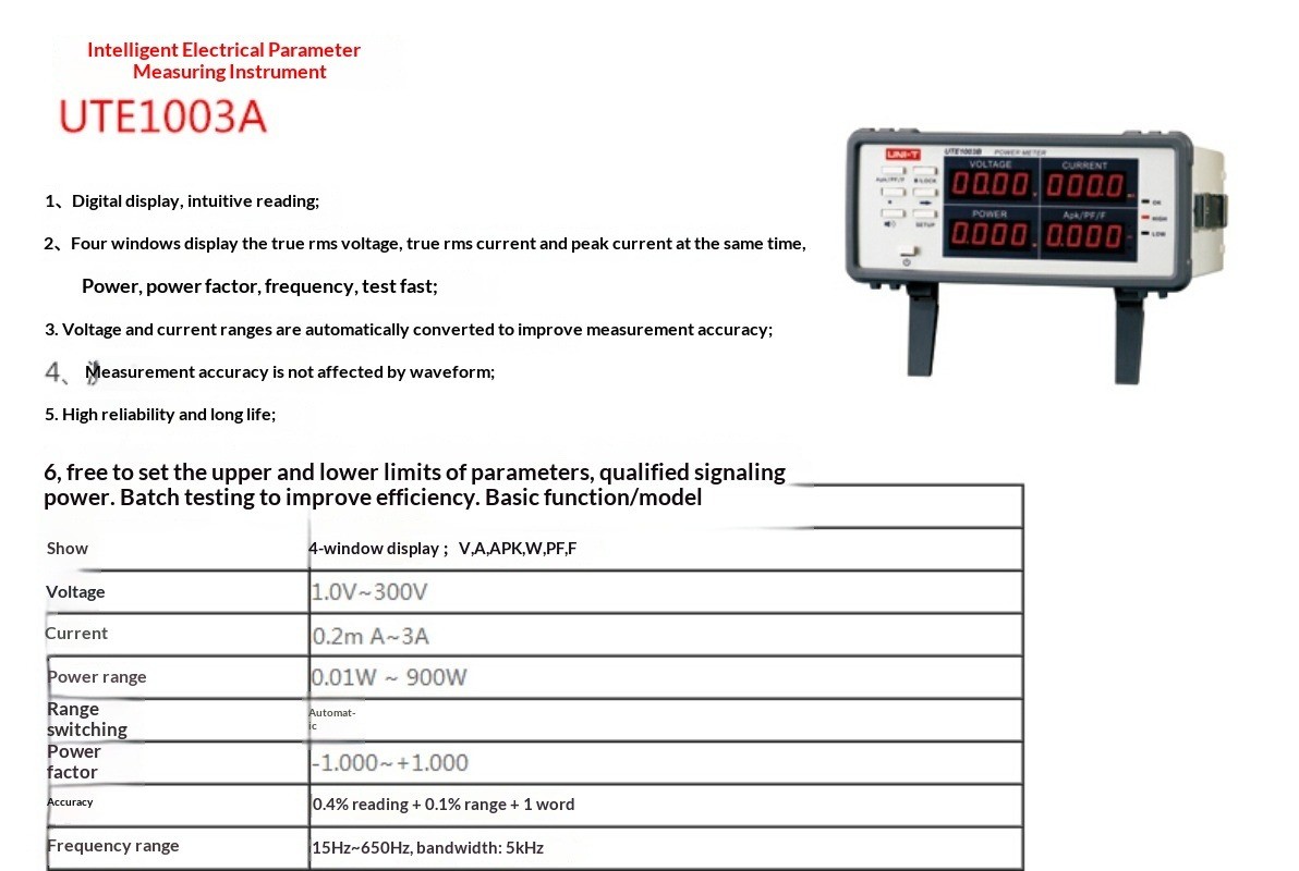 Intelligent Electrical Parameter Tester Digital Power Meter UTE1003A 300V