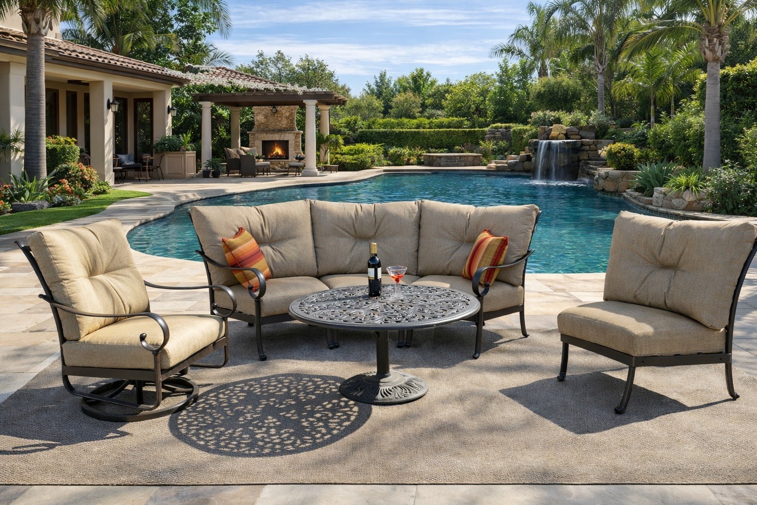 Outdoor patio furniture conversation set curved circular sofa swivel rocker 6 pc