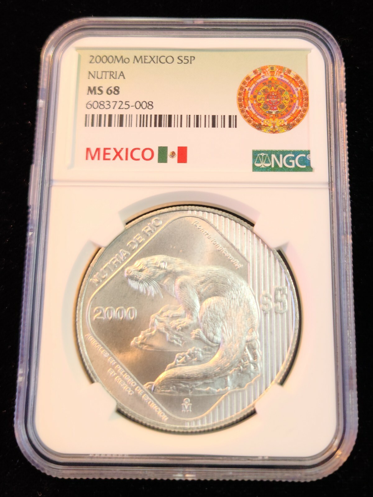 2000 MEXICO SILVER 5 PESOS S5P NUTRIA DE RIO NGC MS 68 HIGH GRADE SCARCE COIN