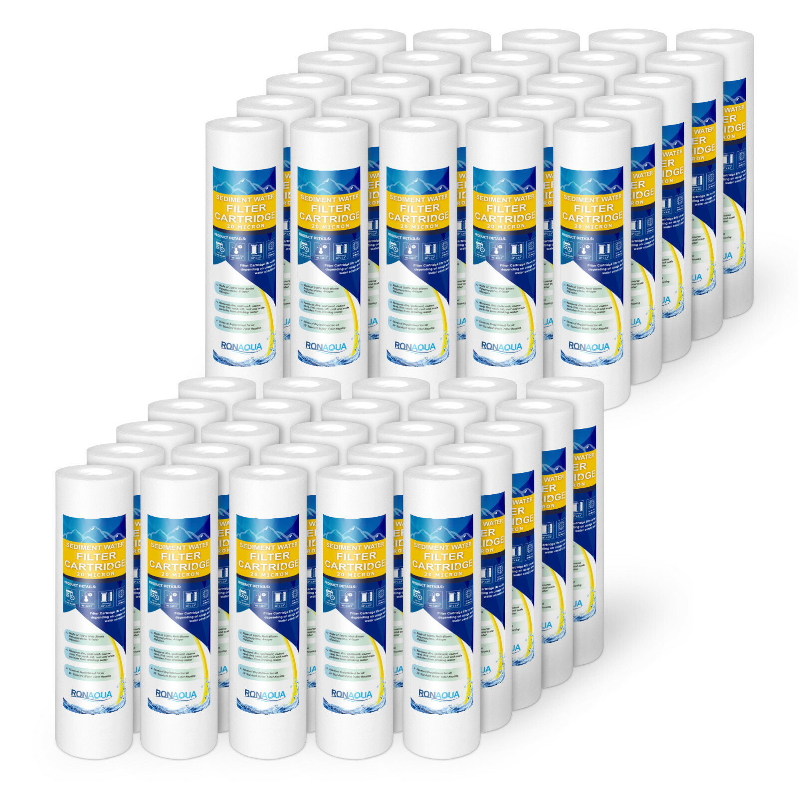 50 Sediment 20 Micron Water Filter Cartridges 2.5" x 10" for Reverse Osmosis