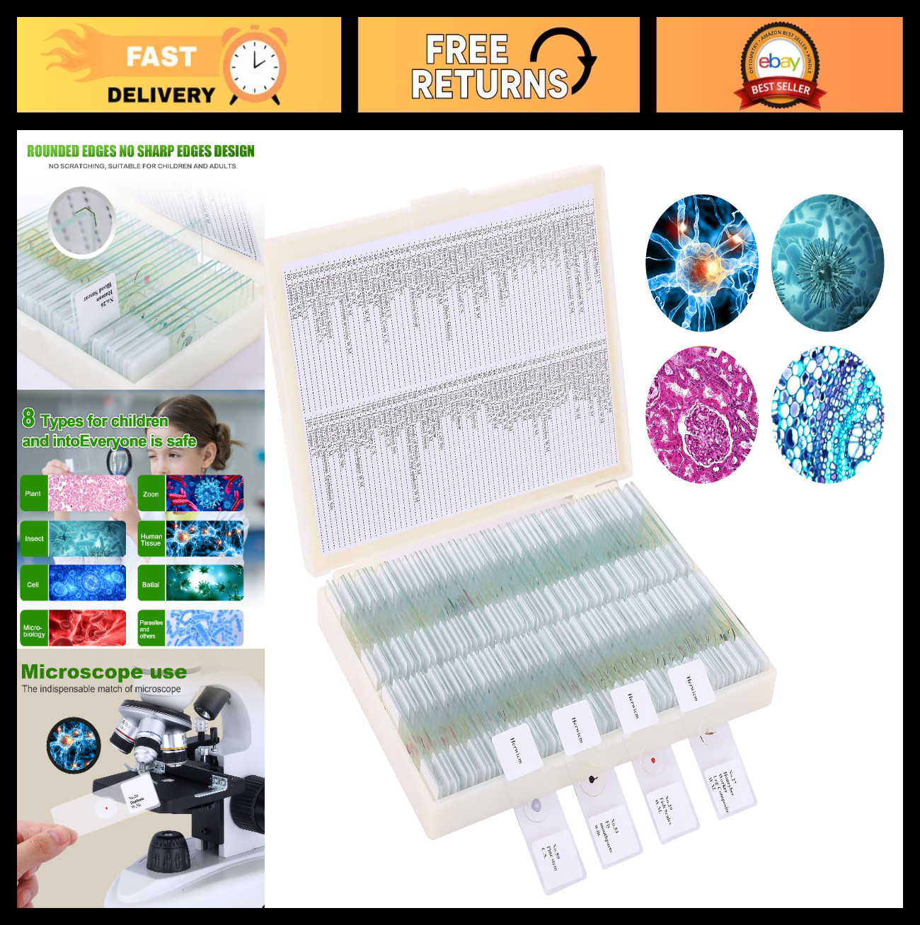120 Microscope Slides Set with Specimens - Plant, Insect, Animal & Algae for Sci