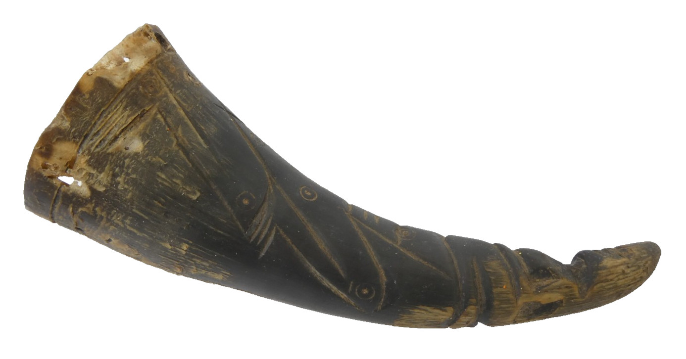 Carved Bull Horn Fish Design Intricate Unknown Origin Bullhorn Powder Flask