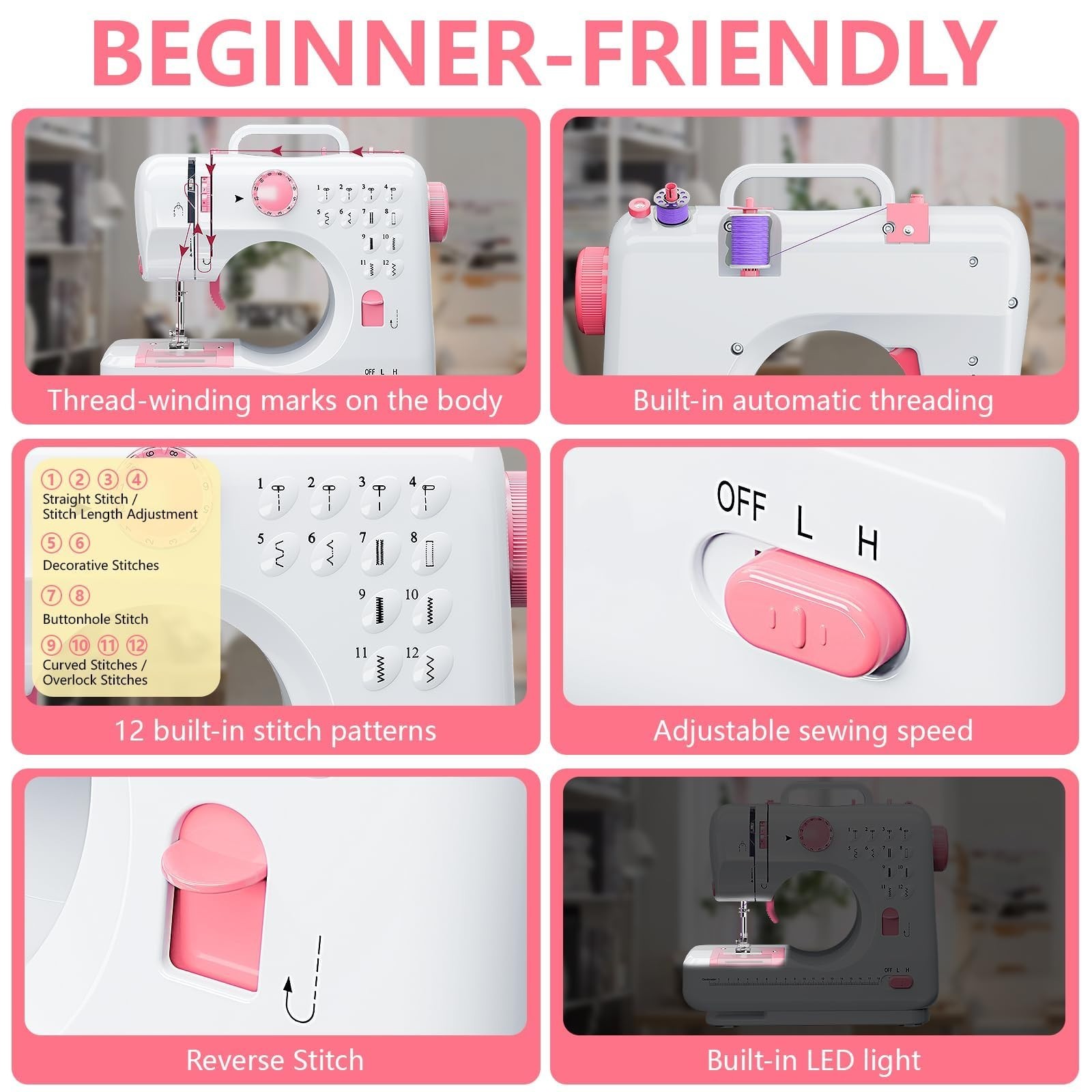 Compact Sewing Machine for Beginners - 12 Stitches, LED Light, Extension Table,