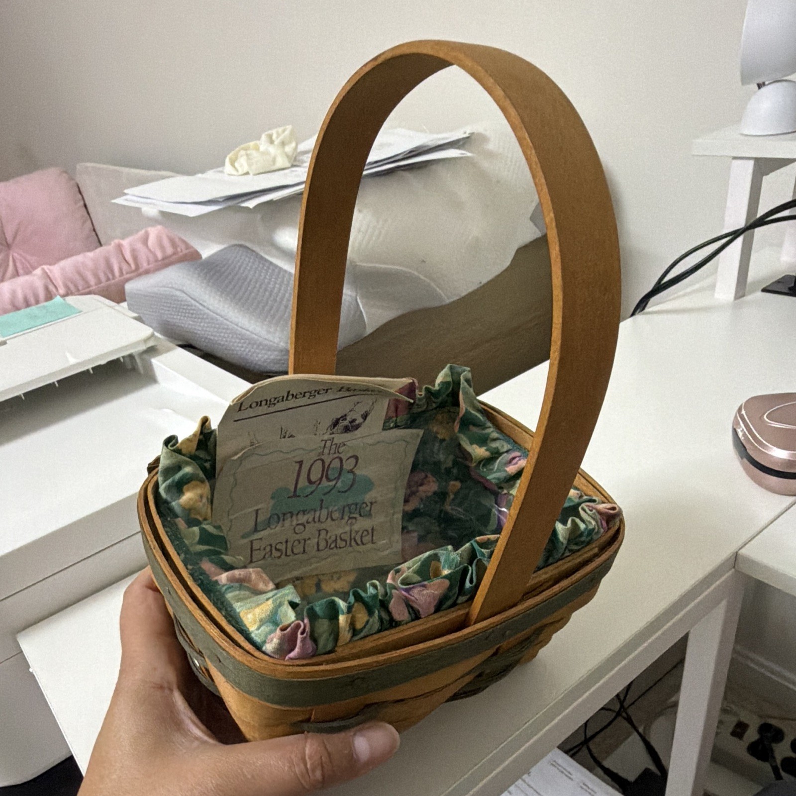 Longaberger 1993 Easter Basket Square Woven Wood with Floral Liner Handle