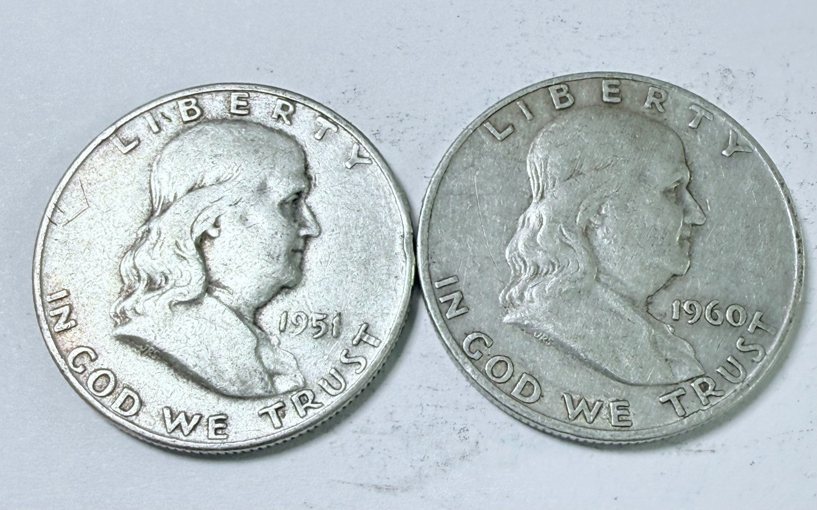 FRANKLIN SILVER HALF DOLLARS LOT OF 2, 90% SILVER CIRCULATED COINS  #10085