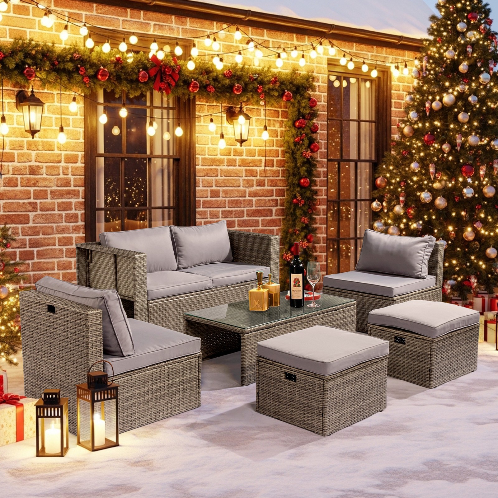 6-piece rattan furniture set, outdoor sectional, space-saving outdoor lounge cha