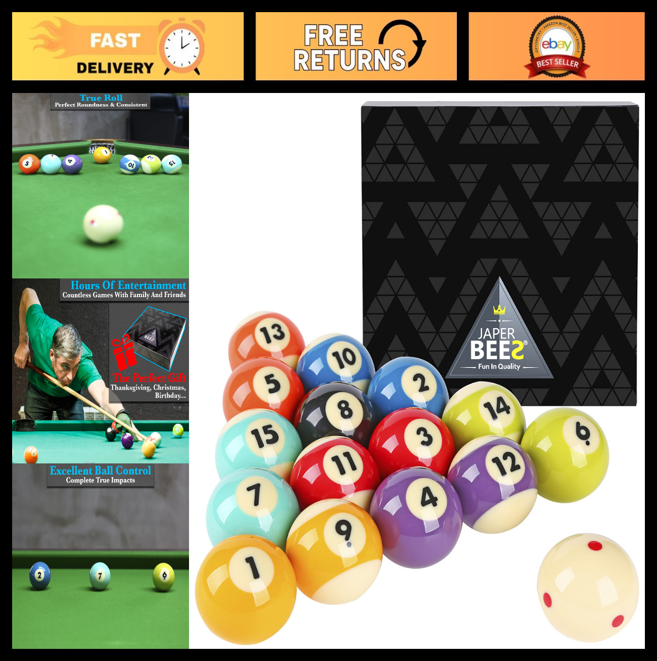Complete 16-Piece Billiard Pool Ball Set - 2-1/4" Regulation Resin Balls