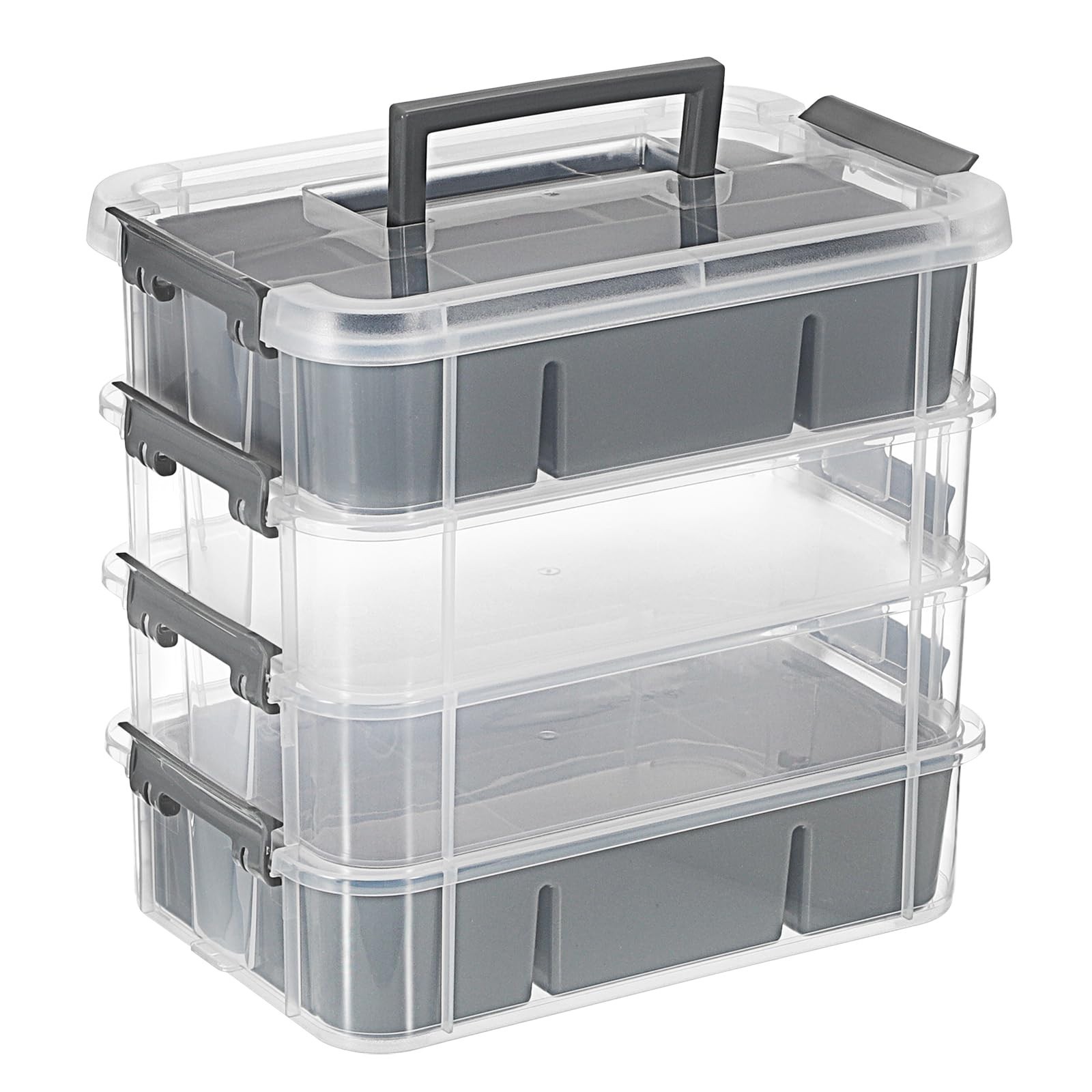 4-Tier Stackable Plastic Storage Bins with Lids & Handle - Clear Organizer for C